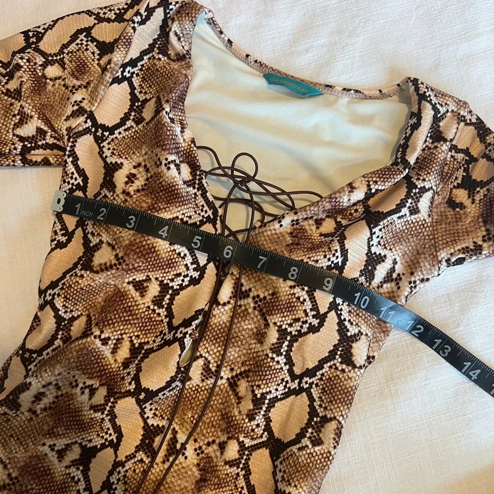 Cia Maritima Snakeskin Bodysuit Lace Up‎ Plunge Long Sleeve Top